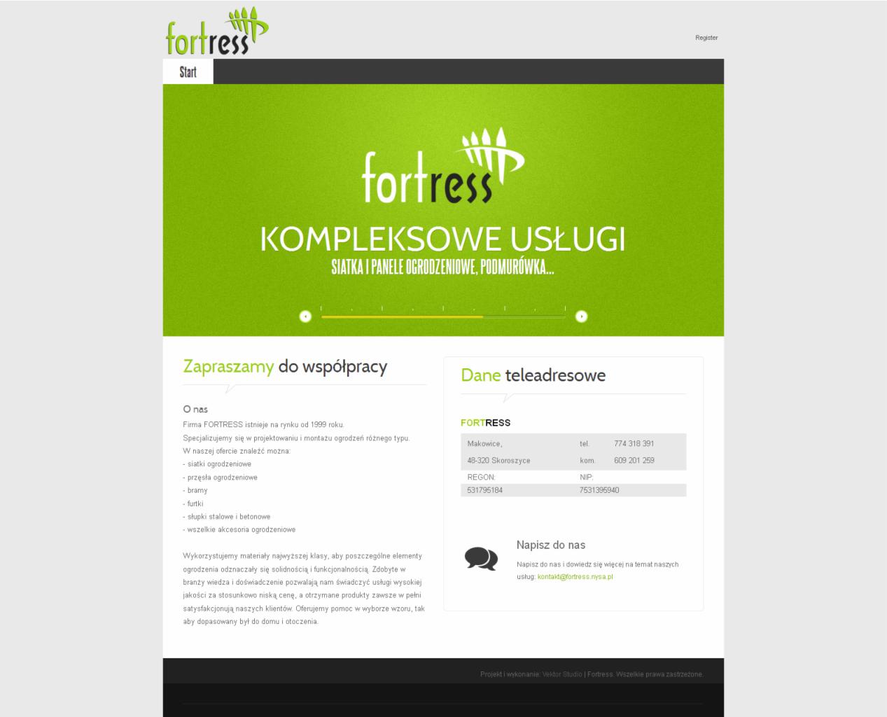 Strona internetowa firmy oferującej kompleksowe usługi ogrodzeniowe, z widocznym logo, hasłem reklamowym i danymi kontaktowymi.