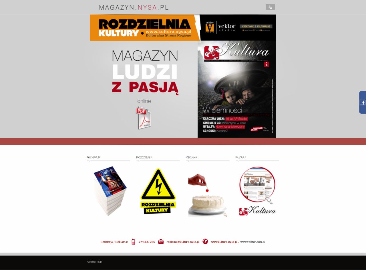 Strona internetowa magazynu kulturalnego z nagłówkiem 'Magazyn Ludzi z Pasją' i sekcjami Archiwum, Rozdzielnia, Reklama i Kultura, prezentująca wizytówki internetowe w postaci okładek magazynu i logo.