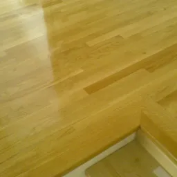 Parkiet z jasnego drewna ułożony w jodełkę, świeżo po lakierowaniu, z widocznym progiem i fragmentem sąsiedniego pomieszczenia.