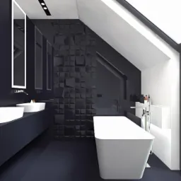 Nowoczesna łazienka w czerni i bieli z geometryczną ścianą, wolnostojącą wanną i widokiem na zieleń przez okno.