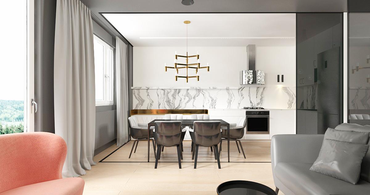 Nowoczesne wnętrze: jadalnia z kuchnią w bieli i szarości, marmurowy backsplash, złoty żyrandol kaskadowy, krzesła z ciemnej skóry, różowy fotel w tle.