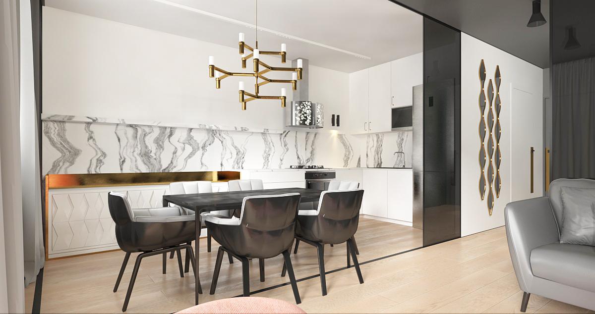 Nowoczesna jadalnia z otwartą kuchnią, marmurowe ściany, złoty żyrandol i czarne krzesła przy ciemnym stole.