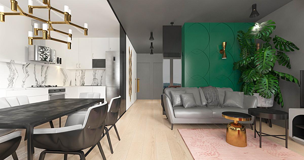 Wizualizacja nowoczesnego wnętrza z otwartą kuchnią, jadalnią i salonem; dominują biel, szarość i akcenty złota, z zieloną ścianą w tle i dużą rośliną doniczkową.