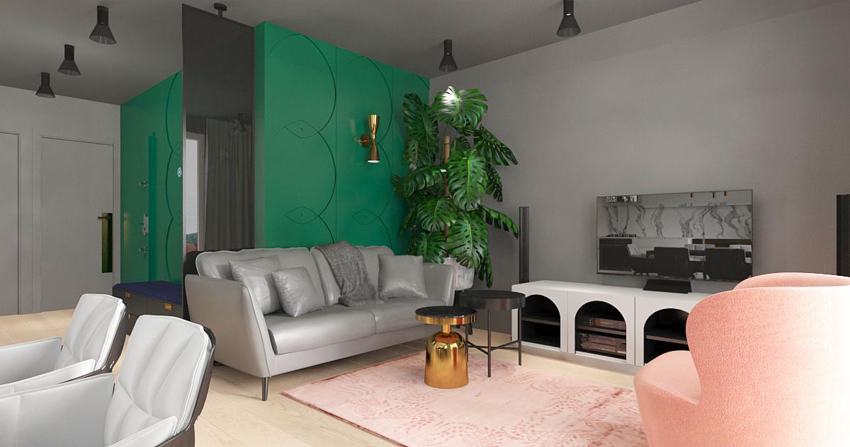 Wizualizacja salonu z szarą sofą, różowym dywanem i akcentami zieleni, w tym ściana z abstrakcyjnym wzorem i duża monstera.