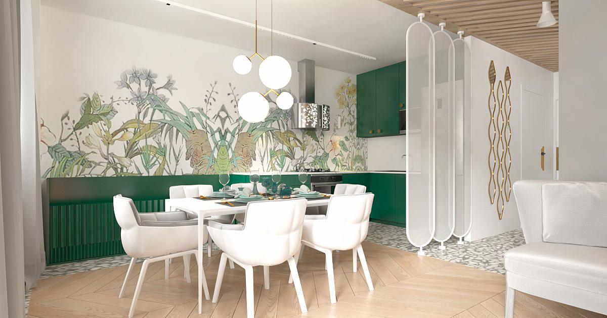 Wnętrze mieszkania z zielonymi akcentami: tapeta z motywami roślinnymi, zielona zabudowa kuchenna, białe krzesła przy stole, lampa wisząca z kulistymi kloszami, drewniana podłoga ułożona w jodełkę.