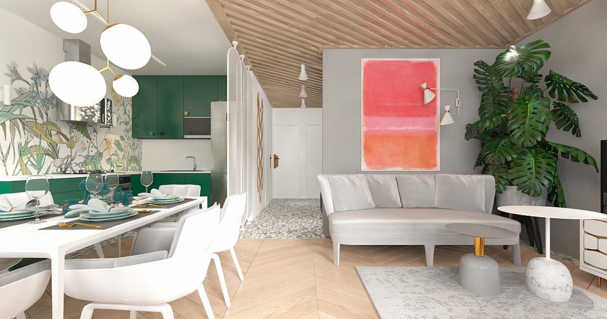 Wnętrze mieszkania z otwartą kuchnią, jadalnią i salonem, utrzymane w jasnych barwach z akcentami zieleni i drewna. Biały stół jadalny z nakryciem, szare krzesła, zielona zabudowa kuchenna...