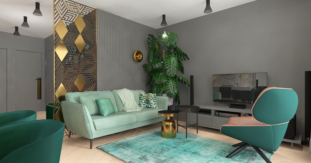 Nowoczesny salon z miętową sofą, turkusowym dywanem i złotymi akcentami, w tle ściana z geometrycznym wzorem i duża roślina doniczkowa.
