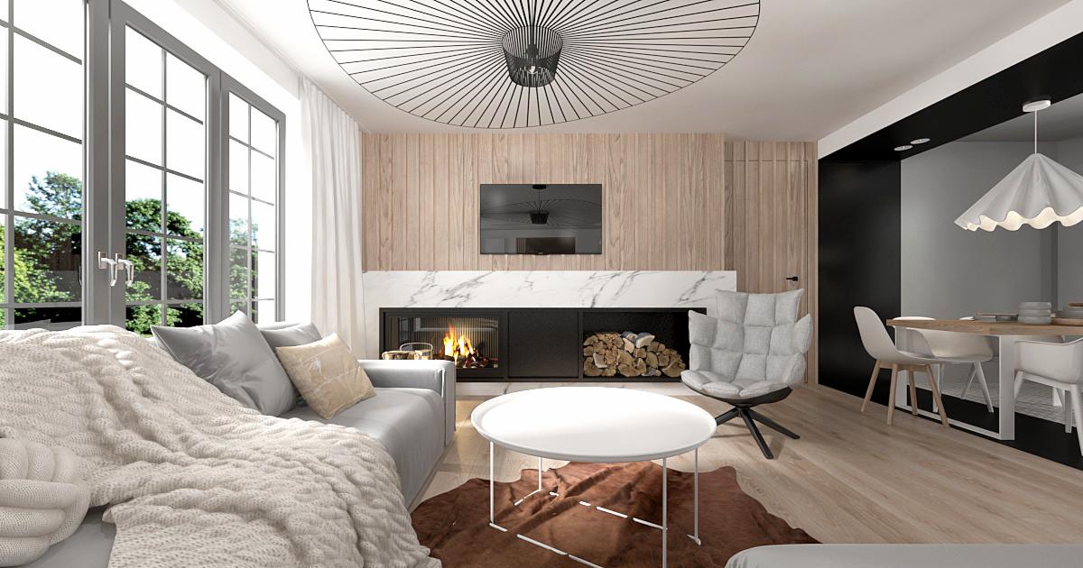 Jasne, przestronne wnętrze salonu z kominkiem i elementami drewna, widoczne duże okna z widokiem na zieleń, nowoczesne oświetlenie i minimalistyczne meble.