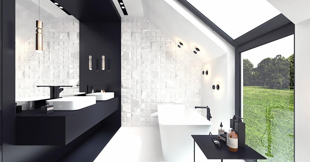 Minimalistyczna łazienka w czerni i bieli z trójwymiarową teksturą na ścianie, wolnostojącą wanną i dużym oknem z widokiem na zieleń.