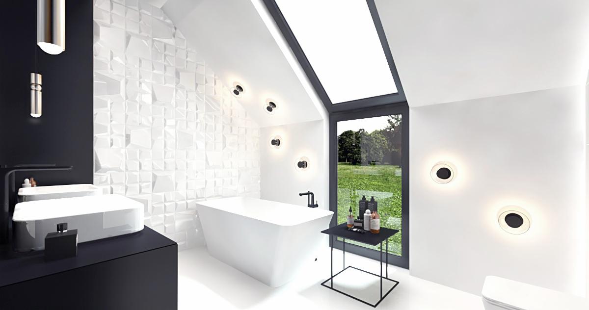 Nowoczesna łazienka w bieli i czerni z geometryczną ścianą, wolnostojącą wanną, oknem dachowym i widokiem na zieleń