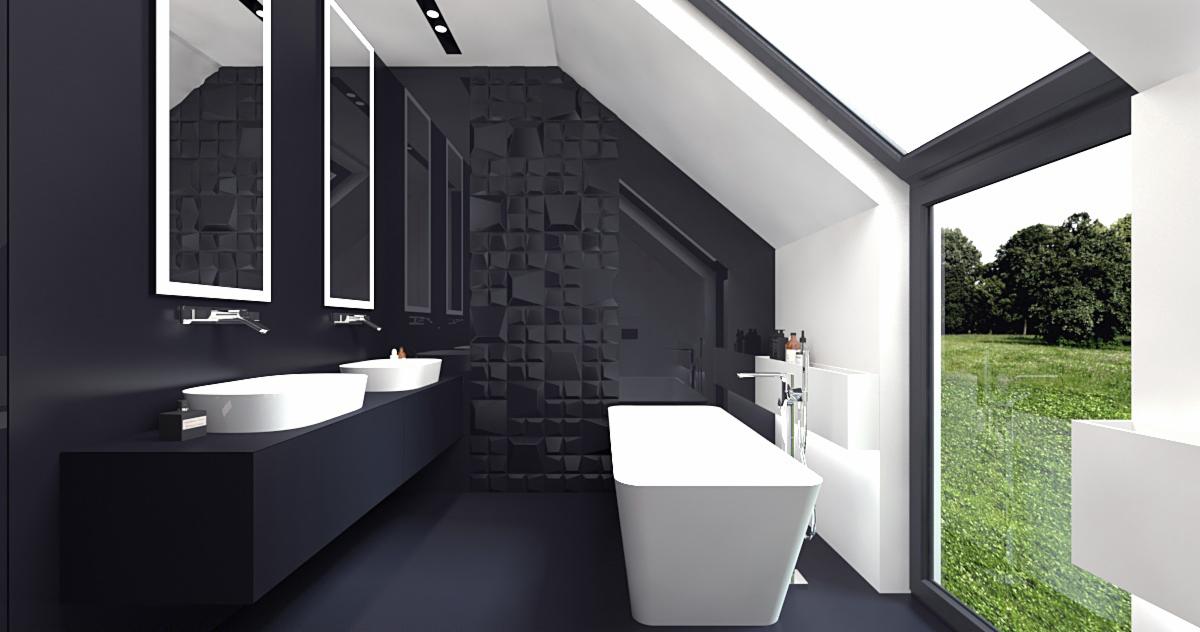 Nowoczesna łazienka w czerni i bieli z geometryczną ścianą, wolnostojącą wanną i widokiem na zieleń przez okno.