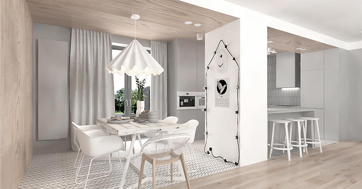 Jasne wnętrze jadalni z kuchnią w stylu skandynawskim: biały stół z krzesłami, lampa z plisowanym abażurem, dekoracyjny zegar z girlandą świetlną, drewniany sufit i podłoga.