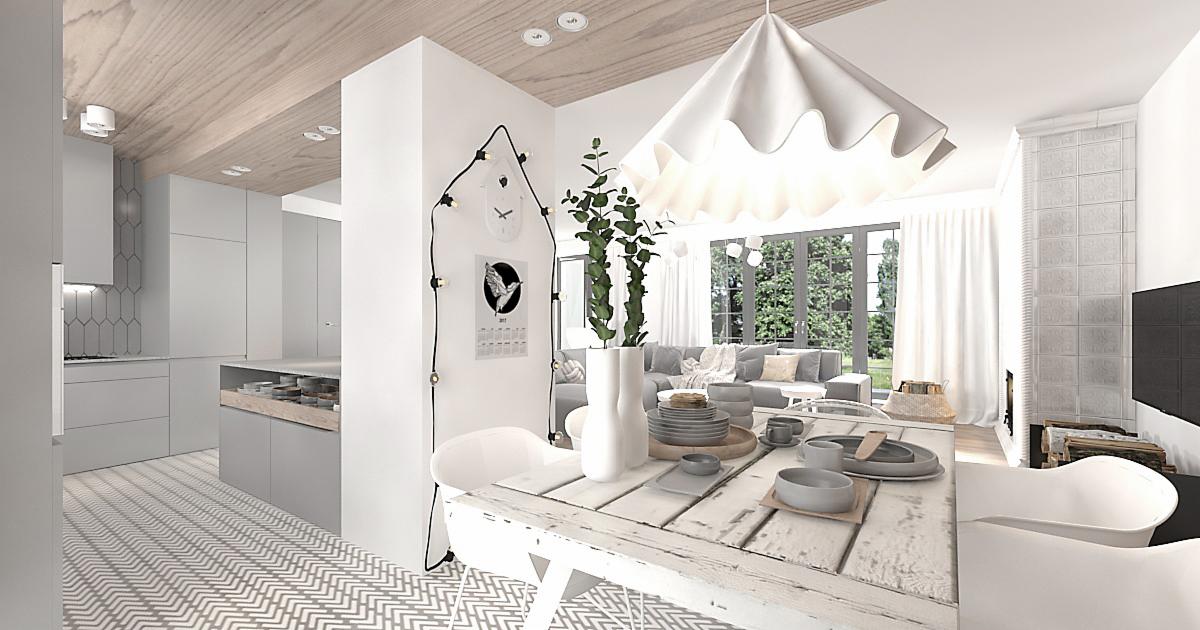 Jasne wnętrze z drewnianym sufitem, białą kuchnią z geometrycznymi płytkami, stołem jadalnym z zastawą i salonem w tle, oświetlone dekoracyjną lampą.