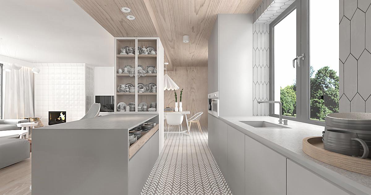 Jasne, minimalistyczne wnętrze z drewnianym sufitem i wzorzystą podłogą; wyspa kuchenna z ukrytymi szufladami na naczynia, przeszklona witryna z porcelaną, okno z widokiem na zieleń.