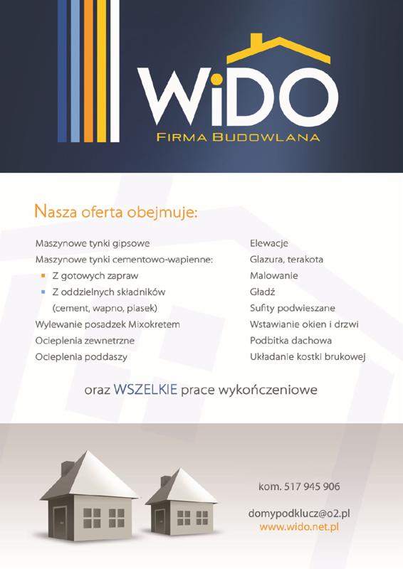 Plakat reklamowy firmy budowlanej WIDO z listą oferowanych usług, w tym tynki maszynowe gipsowe i cementowo-wapienne, elewacje, glazura, malowanie, gładzie, posadzki Mixokretem oraz ocieplenia,...