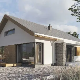 Wizualizacja nowoczesnego domu jednorodzinnego z dużymi przeszkleniami, drewnianym tarasem z wiszącym fotelem i elewacją łączącą biały tynk z szarą cegłą.