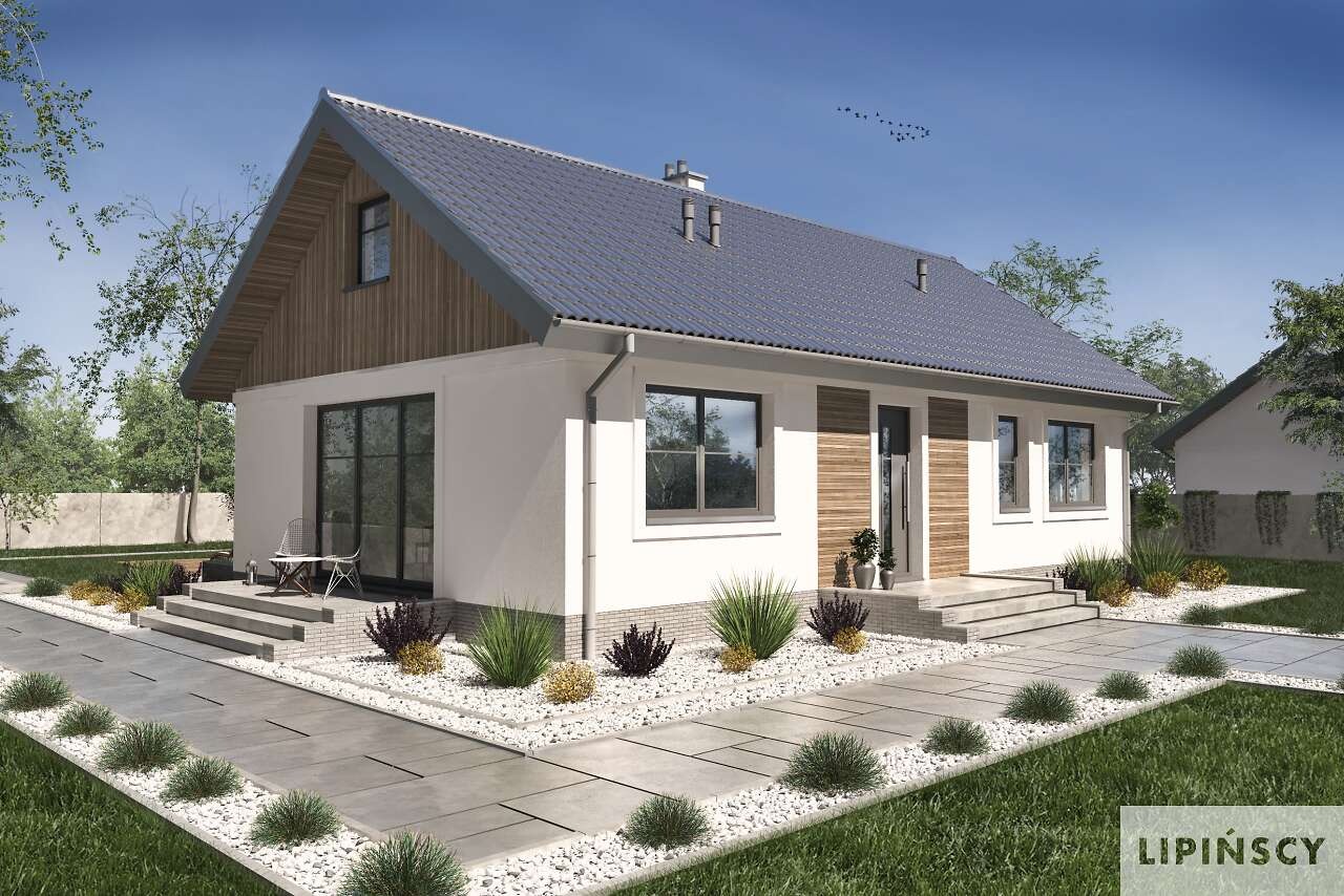 Wizualizacja parterowego domu jednorodzinnego z dwuspadowym dachem, elewacją w kolorze białym z drewnianymi akcentami, szarą dachówką i minimalistycznym ogrodem z betonowymi płytami i białymi...