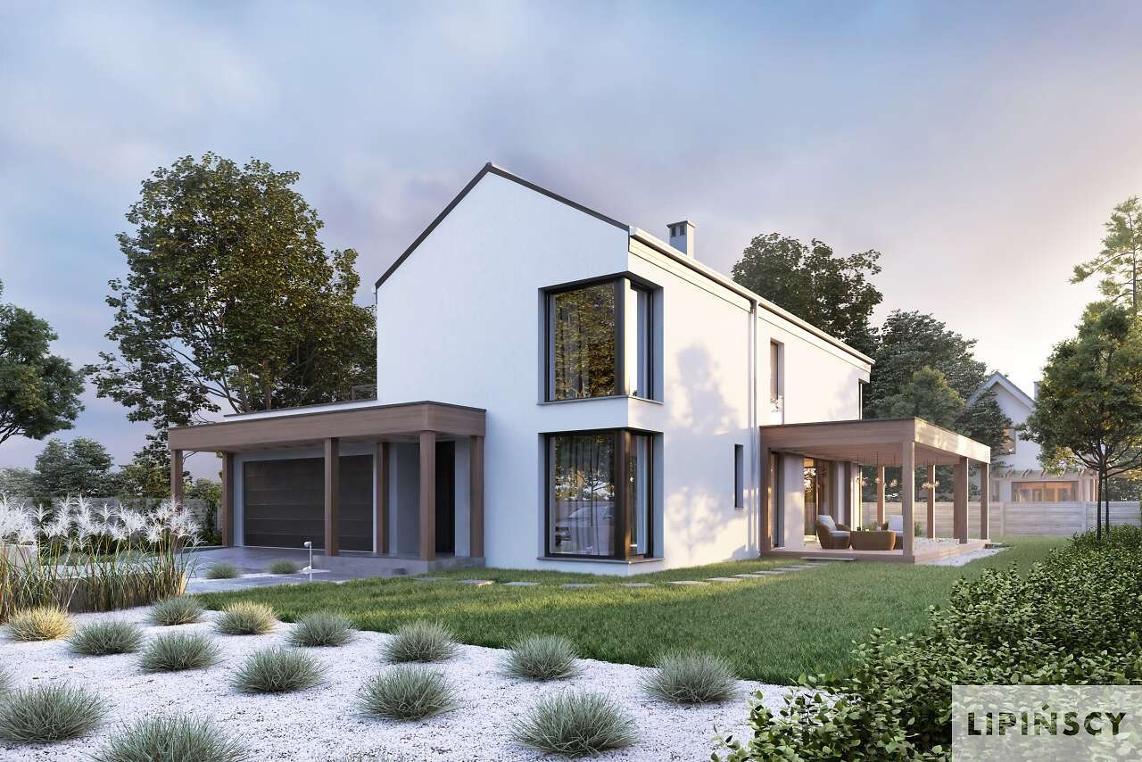 Wizualizacja nowoczesnego, białego domu z płaskim dachem i dużymi oknami, z garażem po lewej stronie i zadaszonym tarasem po prawej, otoczonego ogrodem z białym żwirem i zielenią.