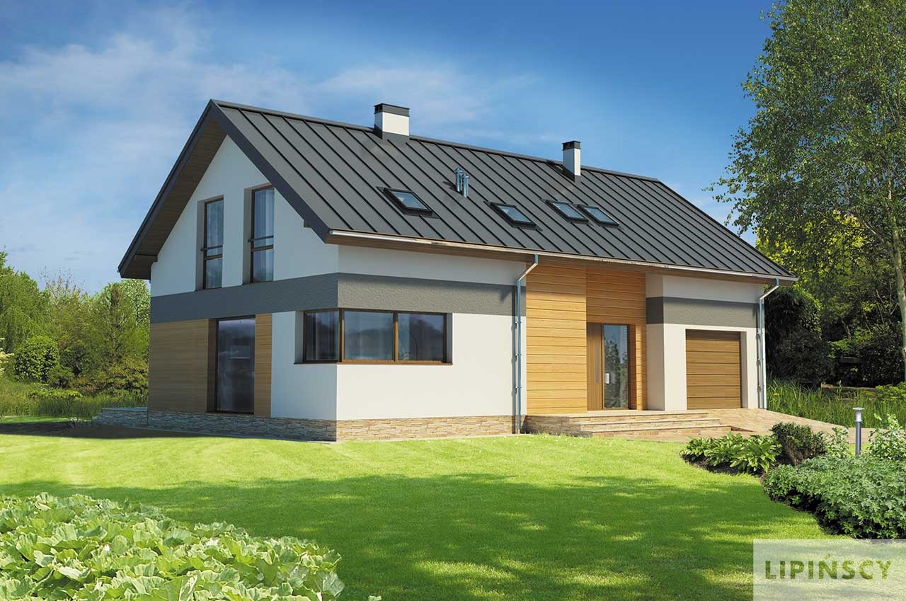Wizualizacja domu jednorodzinnego z dwuspadowym dachem pokrytym blachą w kolorze grafitowym, z oknami dachowymi, elewacją w odcieniach bieli, szarości i drewna, oraz garażem z bramą segmentową.