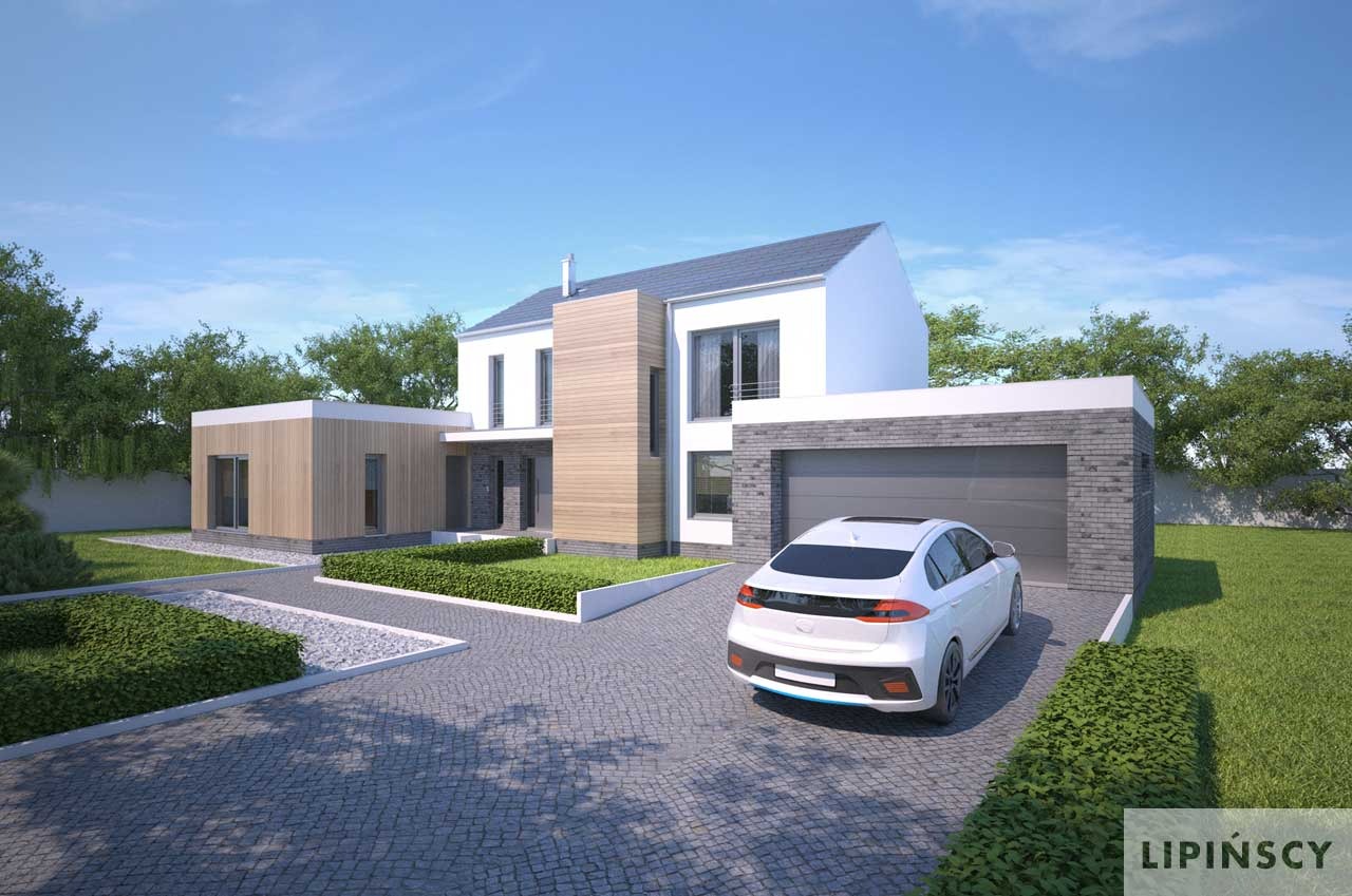 Wizualizacja nowoczesnego domu z elementami drewna i garażem z szarej cegły, na podjeździe stoi biały samochód elektryczny, otoczenie zagospodarowane zielenią.