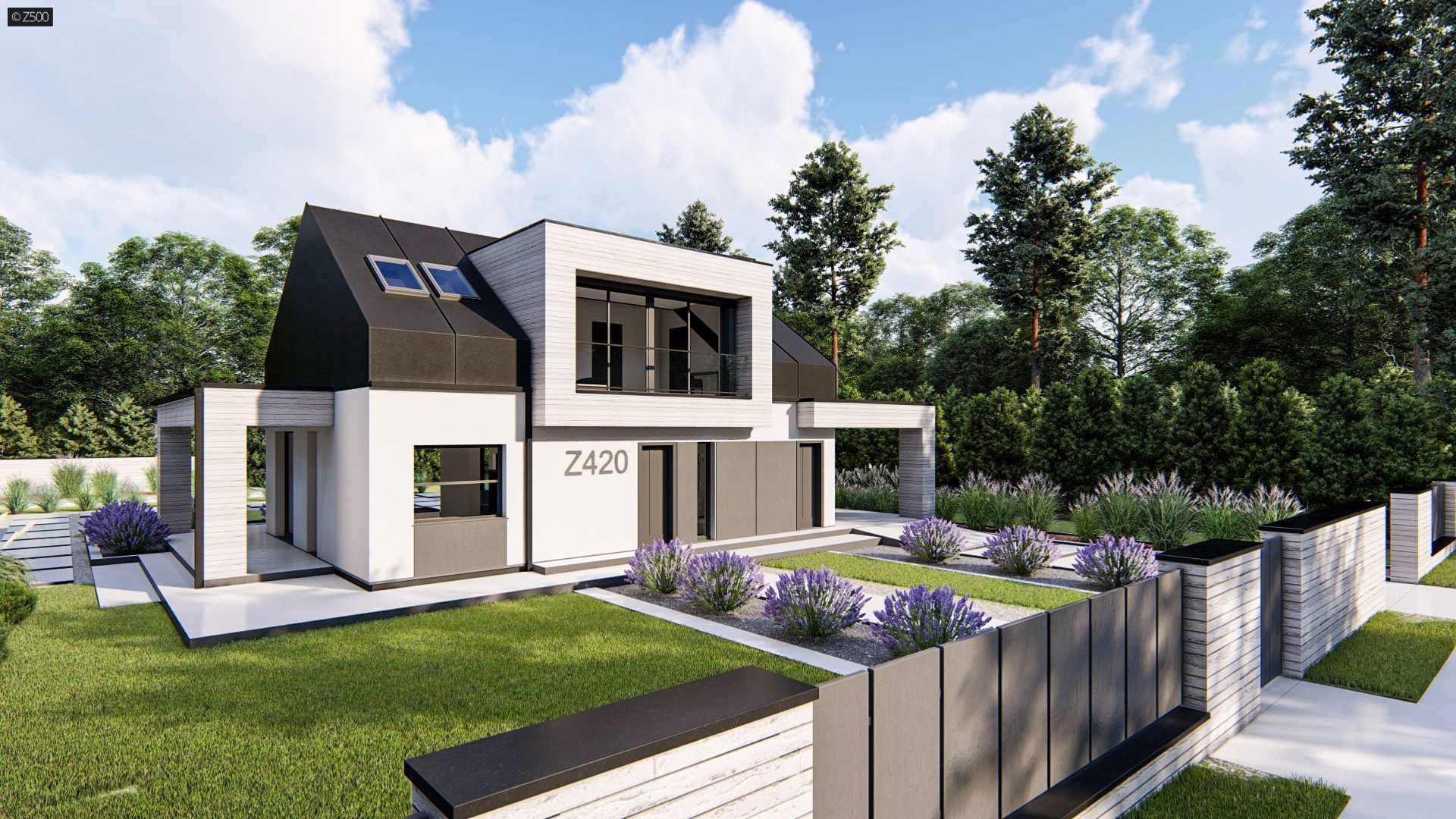 Wizualizacja nowoczesnego domu z płaskim dachem, numerem Z420 na elewacji, otoczonego starannie zaprojektowanym ogrodem z lawendą i minimalistycznym ogrodzeniem.
