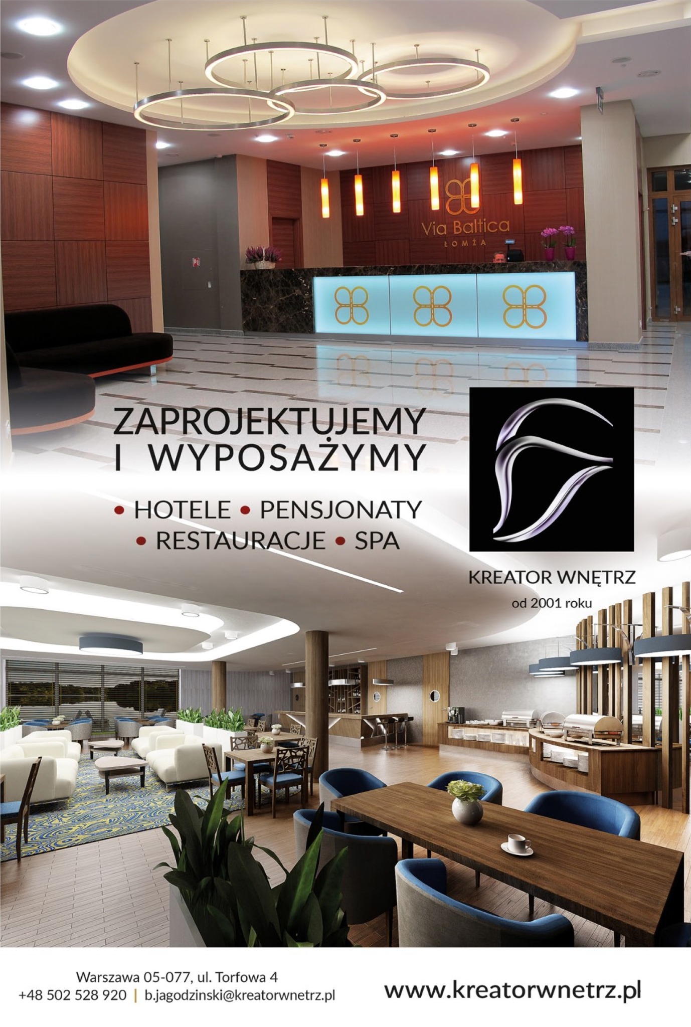 Wnętrze hotelu Via Baltica w Łomży: recepcja z podświetlanym logo, marmurowy blat, wiszące lampy i strefa restauracyjna z drewnianymi stołami oraz bufetem.