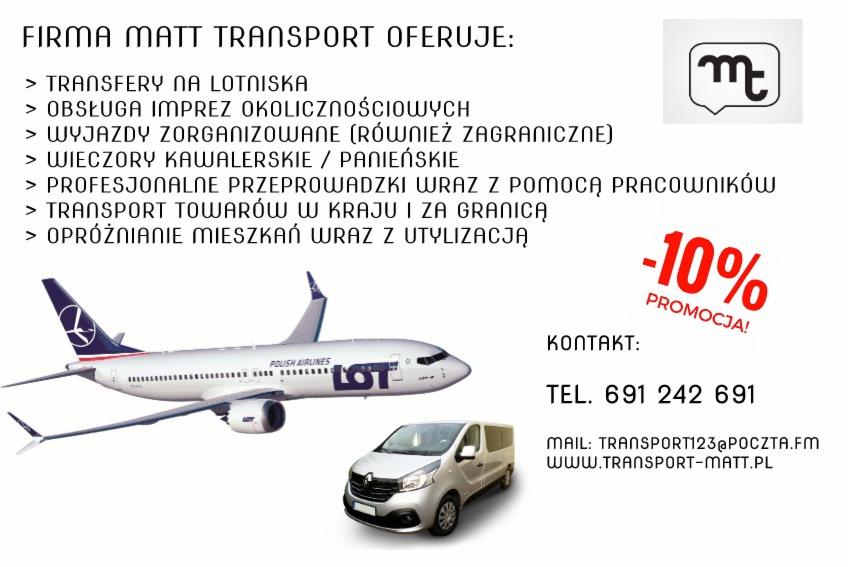 Oferta firmy transportowej Matt Transport: transfery lotniskowe, obsługa imprez, wyjazdy zagraniczne, wieczory kawalerskie/panieńskie, przeprowadzki z pomocą, transport towarów, opróżnianie...