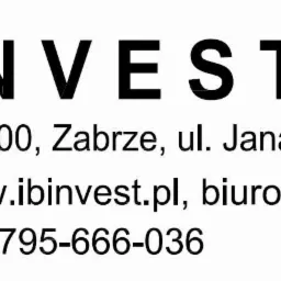 Logo firmy iB INVEST Sp. z o.o. z adresem, stroną internetową i numerem telefonu.