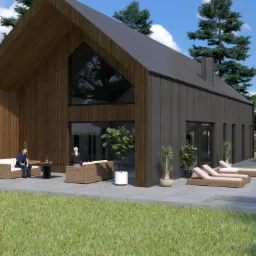 Wizualizacja domu jednorodzinnego z drewnianą elewacją, dużym oknem szczytowym i tarasem z meblami ogrodowymi oraz dwoma osobami.