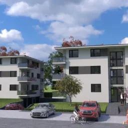 Wizualizacja dwóch nowoczesnych, trzypiętrowych budynków mieszkalnych z balkonami, otoczonych zielenią, z samochodami i osobami w otoczeniu.