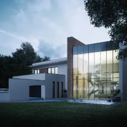 Nowoczesny dom z dużymi przeszkleniami, widok z zewnątrz na zadbany trawnik, w tle drzewa. Architektura minimalistyczna z elementami cegły.