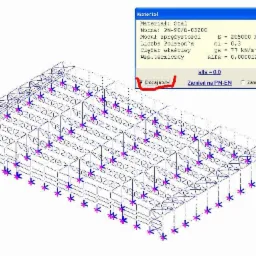 Szkic 3D konstrukcji stalowej w programie do projektowania. Widoczny interfejs z oknem dialogowym 'Materiał' z parametrami stali. Elementy konstrukcji oznaczone symbolami.