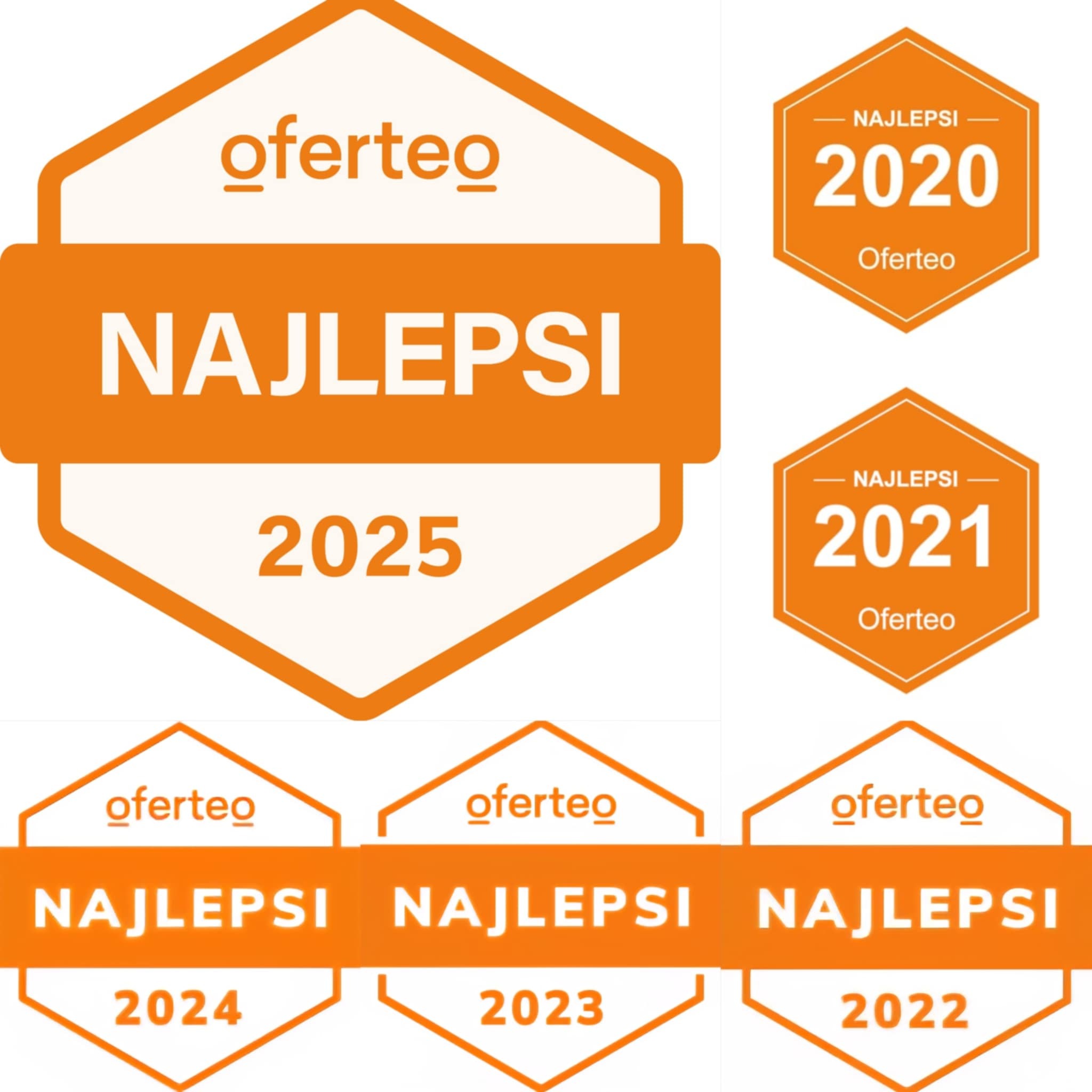 Zestawienie pomarańczowych odznak Oferteo 'Najlepsi' z lat 2020, 2021, 2022, 2023, 2024 i 2025. Grafika z logo Oferteo i oznaczeniem 'Najlepsi' w formie heksagonów.