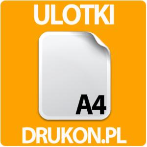 Grafika przedstawiająca białą kartkę A4 z zagiętym rogiem na pomarańczowym tle z napisem 'ULOTKI' u góry i adresem strony internetowej 'DRUKON.PL' u dołu.