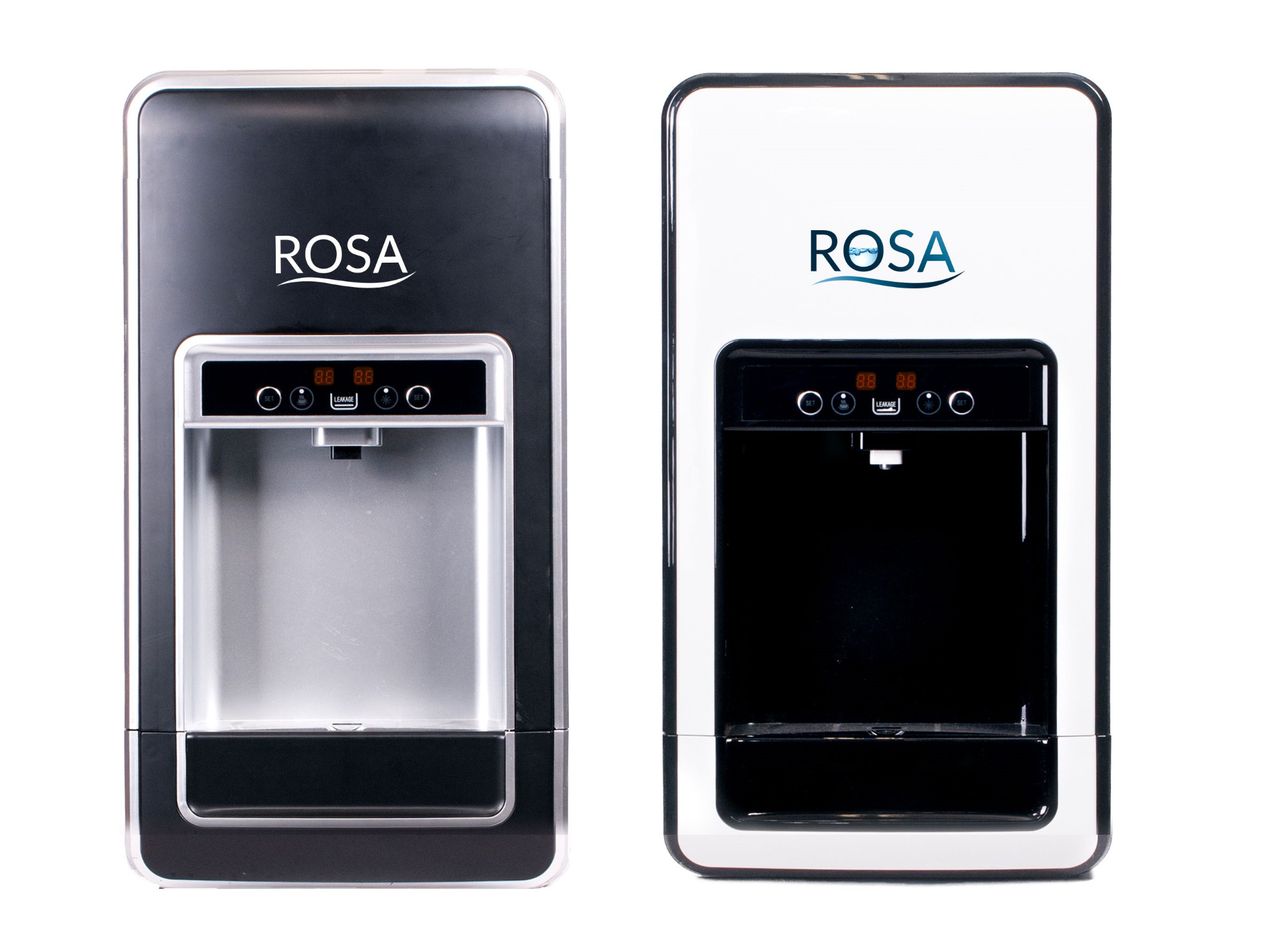 Dwa dystrybutory wody ROSA Elegant mini: czarny z srebrnym panelem i biały z czarnym panelem, oba z wyświetlaczami i logo, na białym tle.