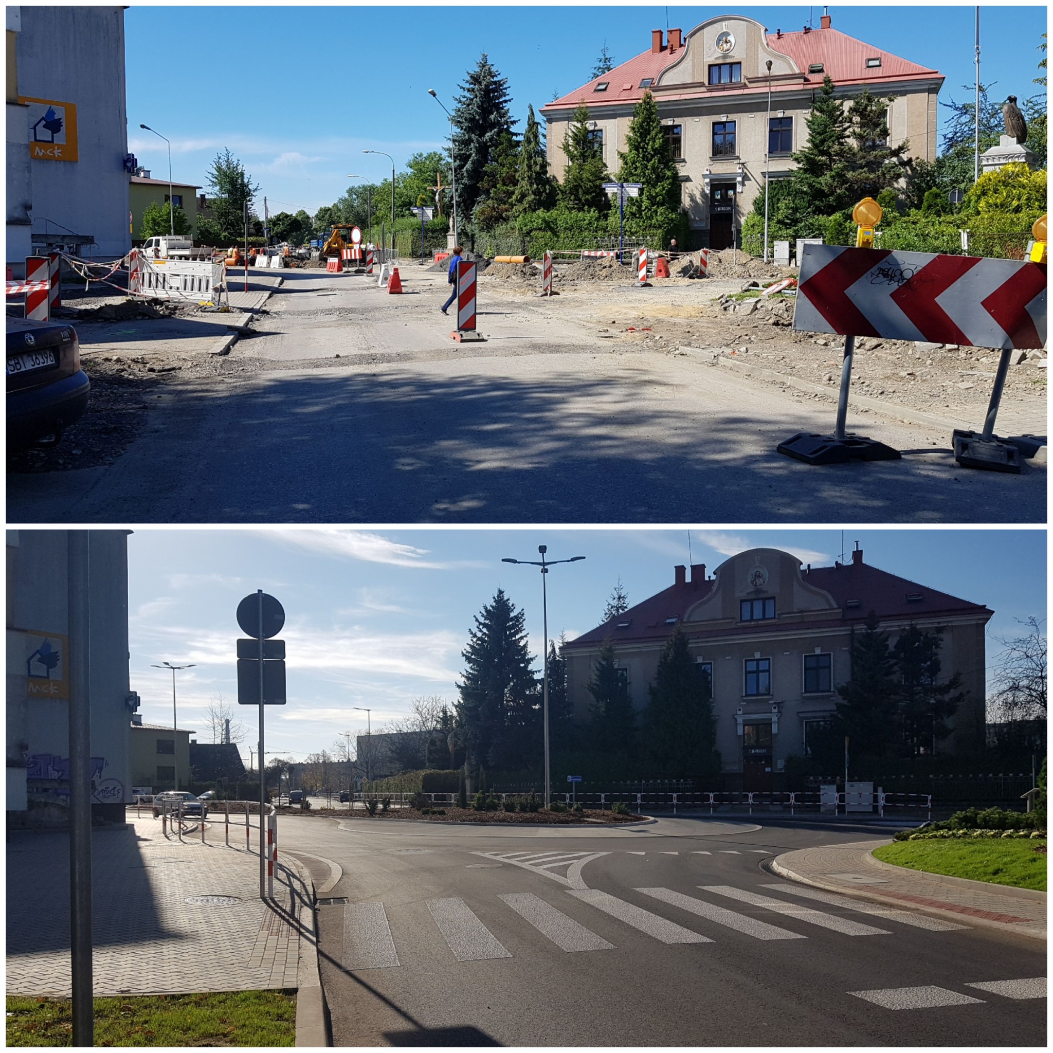 Dwa ujęcia tej samej ulicy, pierwsze przedstawia remont drogi z rozkopanym terenem, maszynami budowlanymi i znakami ostrzegawczymi, drugie pokazuje nową nawierzchnię drogi z rondem i przejściem...