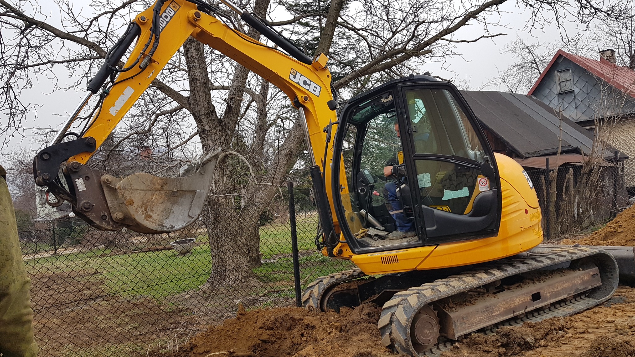 Żółta koparka JCB z operatorem w kabinie, wykonująca prace ziemne przy ogrodzeniu z siatki i drzewach bez liści w tle.