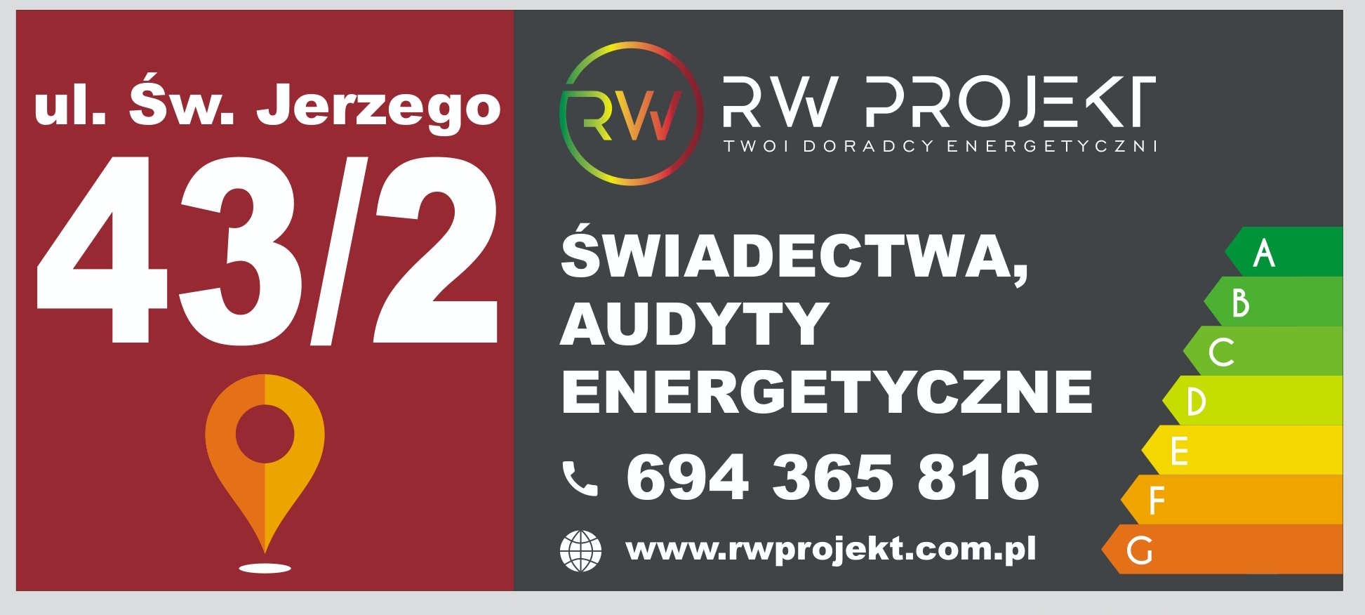 Grafika reklamowa firmy RW Projekt, oferującej audyty i certyfikaty energetyczne, z adresem ul. Św. Jerzego 43/2, numerem telefonu 694 365 816 i stroną internetową rwprojekt.com.pl, obok skali...