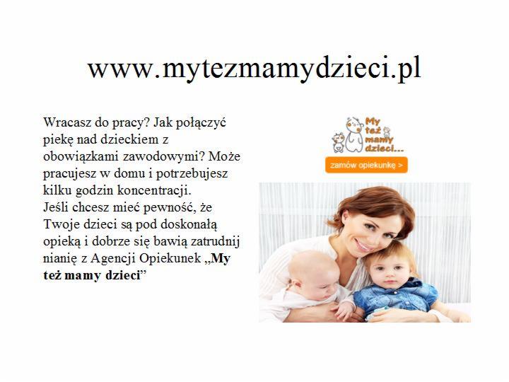 Uśmiechnięta kobieta z krótkimi brązowymi włosami obejmuje dwójkę małych dzieci, niemowlę i dziecko w wieku przedszkolnym, na tle białej, teksturowanej ściany, obok logo i tekstu agencji opiekunek...