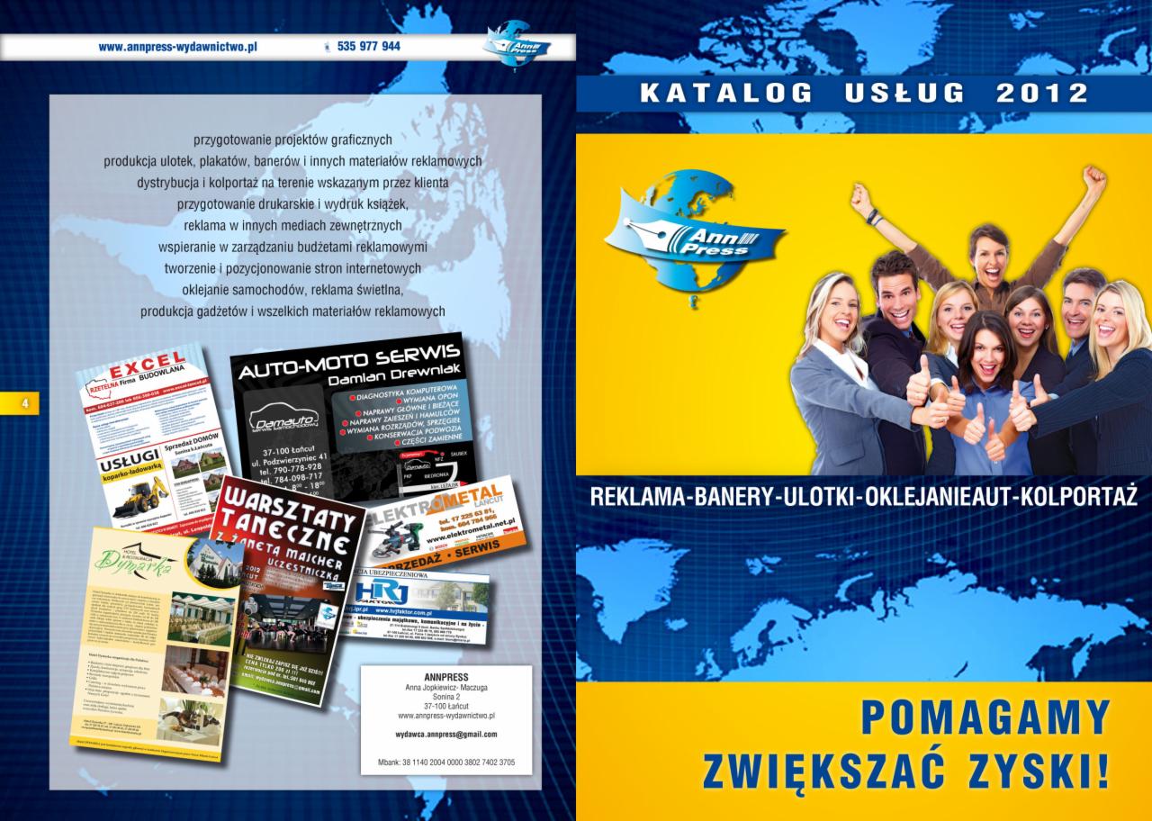 Katalog usług reklamowych firmy AnnPress z Łańcuta, rok 2012, z uśmiechniętą grupą osób dających kciuki w górę, na żółtym tle z mapą świata.