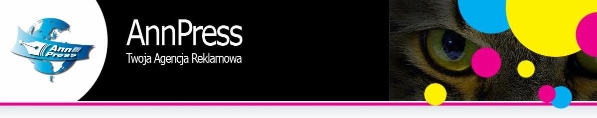 Logo firmy AnnPress z globusem, piórem i hasłem 'Twoja Agencja Reklamowa', obok zbliżenie na oko kota z kolorowymi kropkami CMYK.