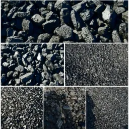 Kolaż pięciu ujęć węgla kamiennego o różnej granulacji, od dużych brył po drobny miał, w jasnym świetle dziennym.