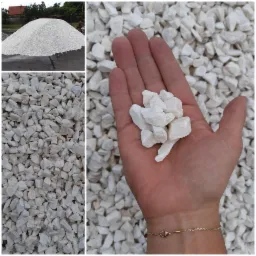 Kompilacja zdjęć: Góra białego grysu na placu, garść białych kamieni trzymana w dłoni, zbliżenie na biały grys.