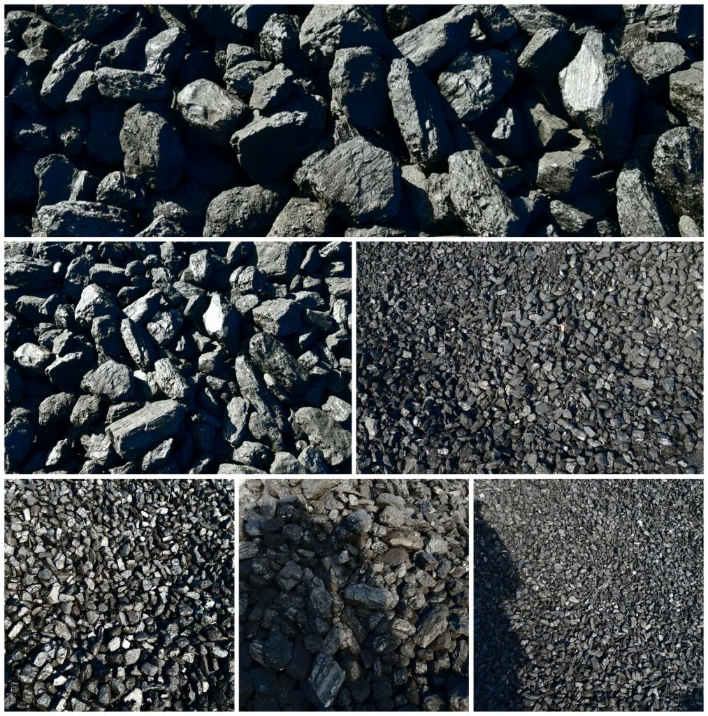 Kolaż pięciu ujęć węgla kamiennego o różnej granulacji, od dużych brył po drobny miał, w jasnym świetle dziennym.