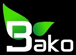 Logo firmy Bako z zielonym liściem, biały napis na czarnym tle.