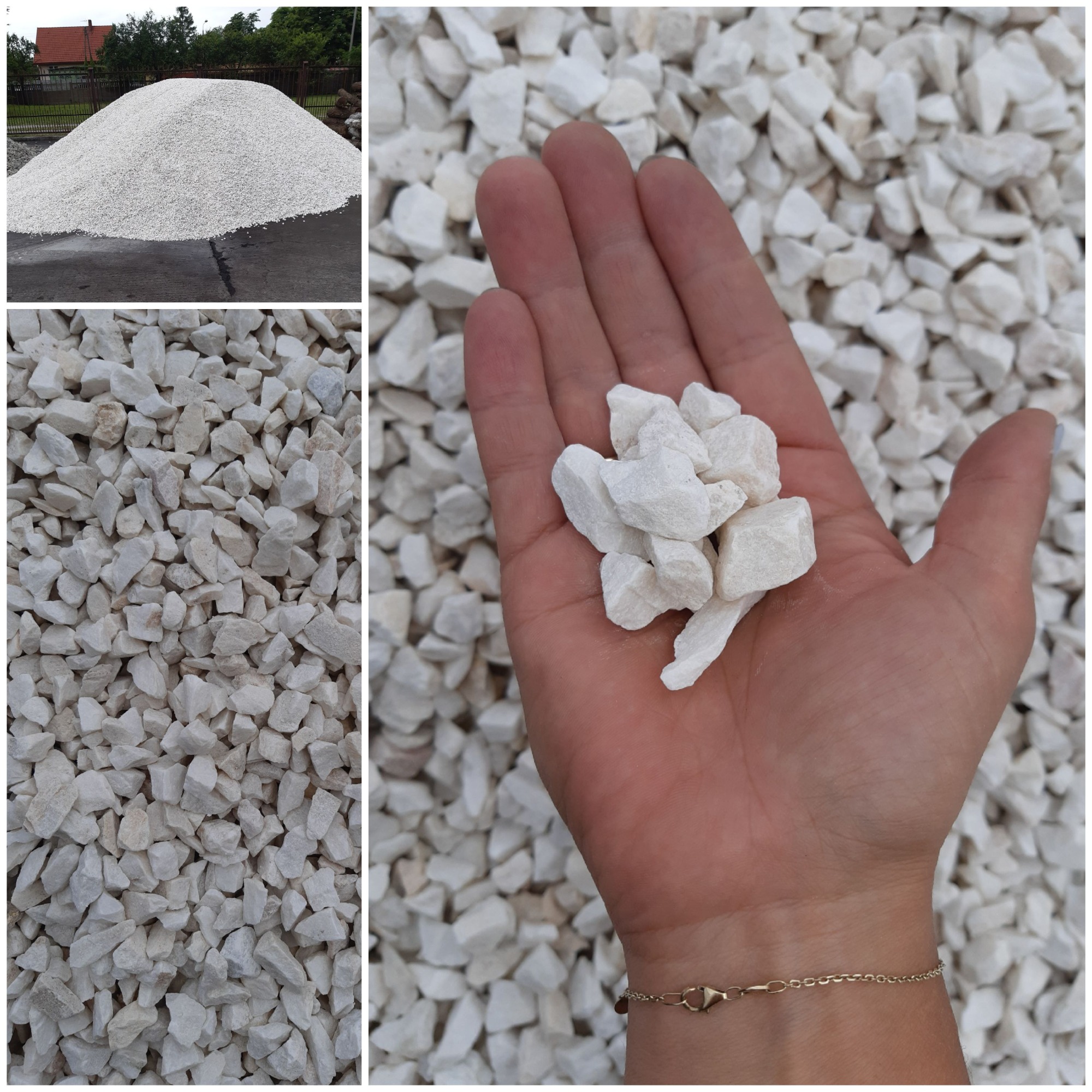 Kompilacja zdjęć: Góra białego grysu na placu, garść białych kamieni trzymana w dłoni, zbliżenie na biały grys.
