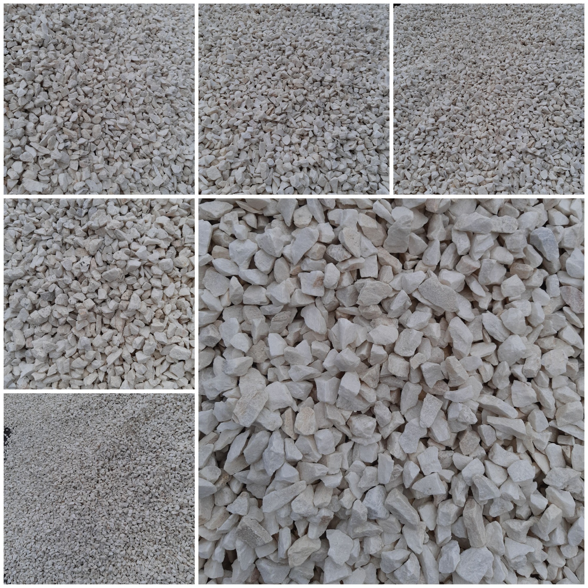 Mozaika zbliżeń na biały grys marmurowy o różnej granulacji, prezentujący teksturę i odcienie kamienia.