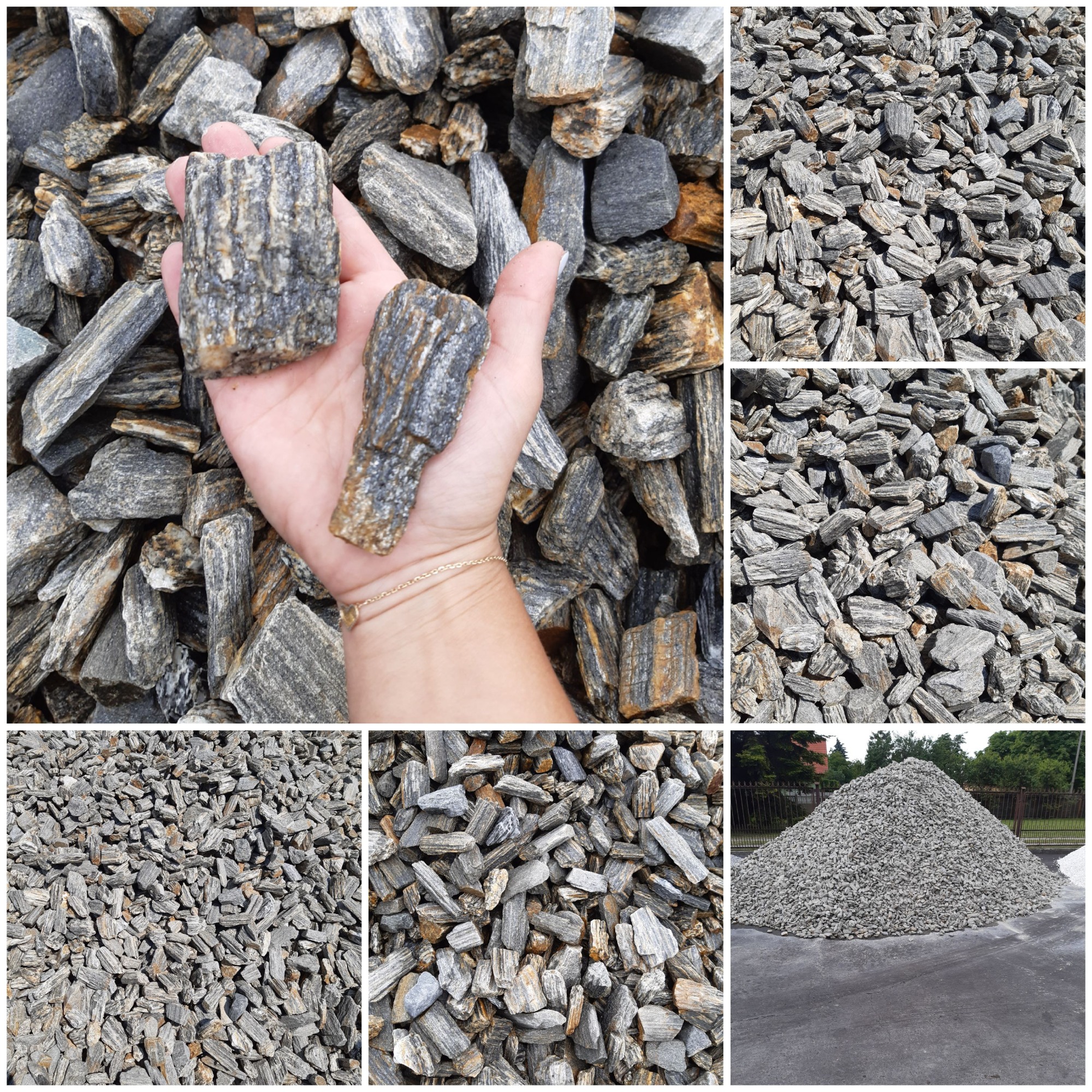 Kompilacja zdjęć: Dwa kawałki szarobrązowego kamienia w dłoni z złotą bransoletką na tle rozsypanych kamieni, oraz kilka ujęć z bliska i sterta kamieni na zewnątrz.