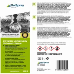 Butelka uniwersalnego zmywacza Go!Spray GS-ZU-500 z informacjami o produkcie i ostrzeżeniami w trzech językach.