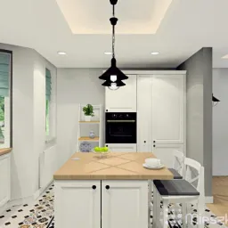 Wizualizacja jasnej kuchni z wyspą, białymi szafkami, czarnym piekarnikiem i ozdobną podłogą w domu w Rzeszowie.